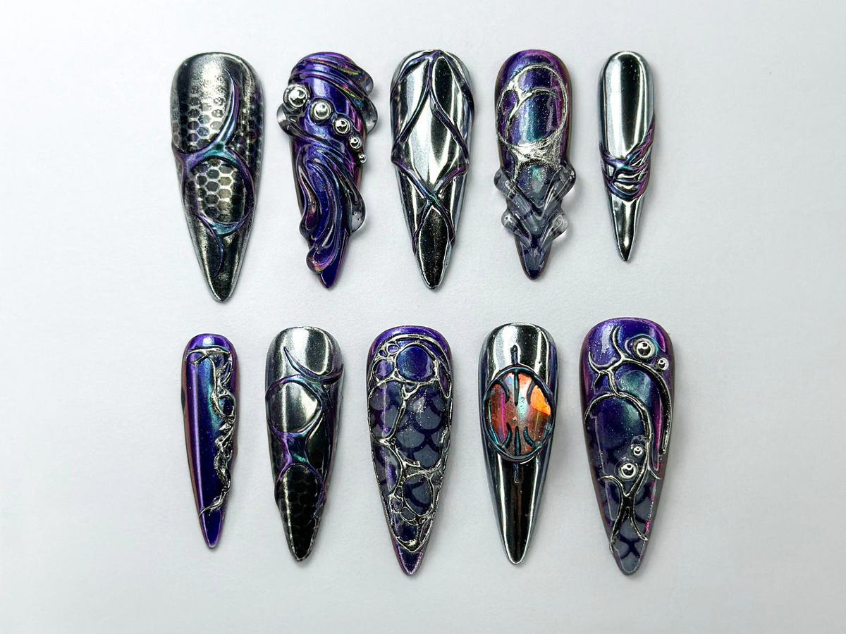 Metallic Dragon Scale Press-On Nails | Gothic Fantasy Inspired Set | Unique 3D Chrome Press-Ons | Cyberpunk And Gothic Nails | OB725HC