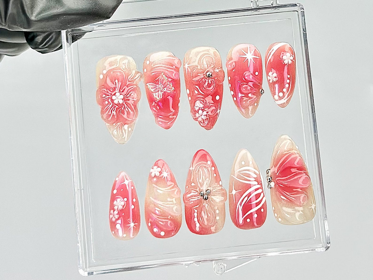 Blossom Spring Press On Nails By DoryNails |Sakura Pink Spring Fake Nails |Romantic Floral Acrylic Nails | Spring Inspired Nail Art |OB813YT