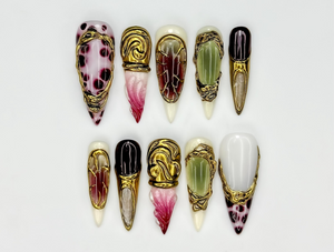Gothic Garnet Gold Press On Nails | Frech Tips Gold Couture Nail Art | Burgundy Jade Statement Nails | Handmade Luxury Stiletto Set OB270EC