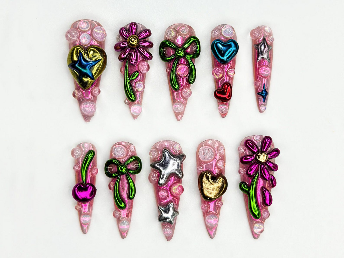Metallic Bubble Press On Nails | 3D Y2K Chrome Star Heart Nails | Funky Cute Cherry Bow Nail Art | Iridescent Pink Press On Set | OB815HK