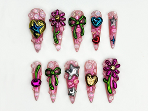 Metallic Bubble Press On Nails | 3D Y2K Chrome Star Heart Nails | Funky Cute Cherry Bow Nail Art | Iridescent Pink Press On Set | OB815HK