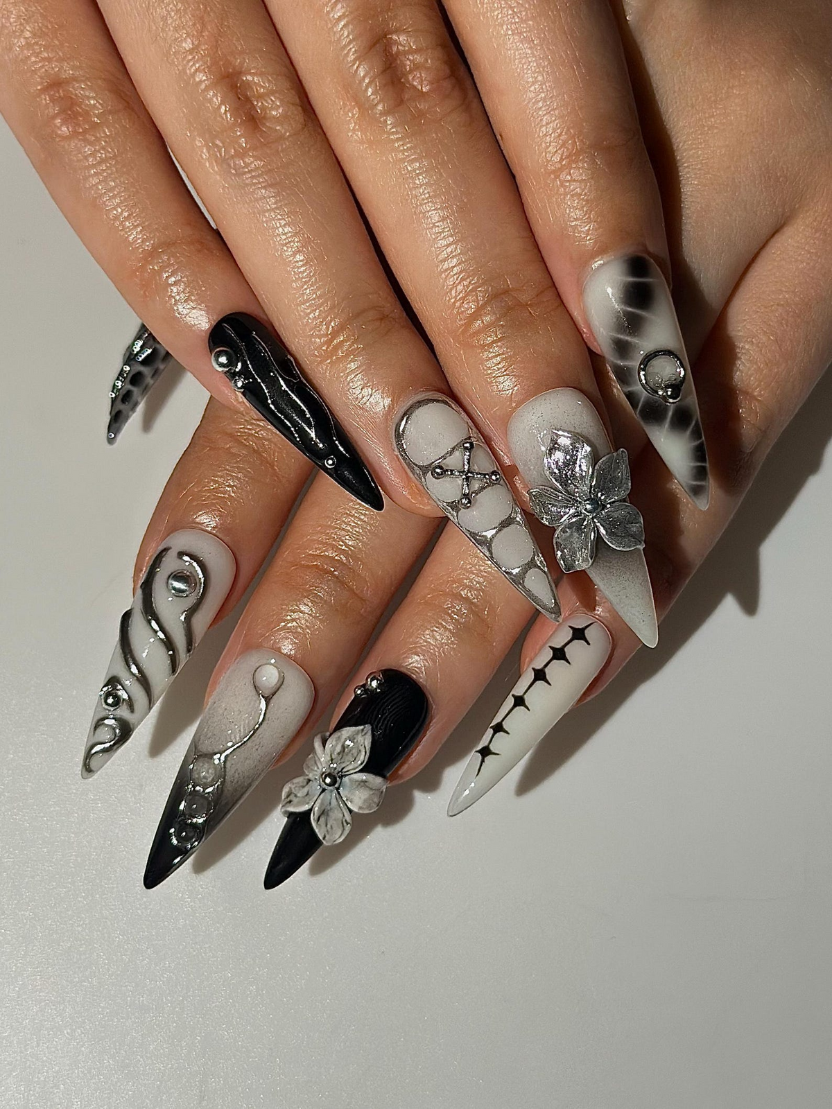 Gothic Silver Flower Press On Nails | Black White Stiletto Nails | Dark Floral Nail Set | Edgy Gothic Nails | Handmade Press Ons | OC1297HC