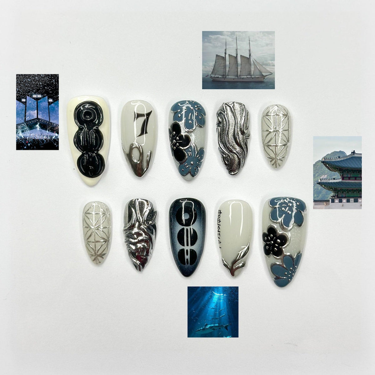 Kpop Inspired Indigo Voyage Nails | 7 Spirit Arirang Silver Shark Nails | Ocean Muse 3D Chrome Nails | Handmade Nails | OC357IC