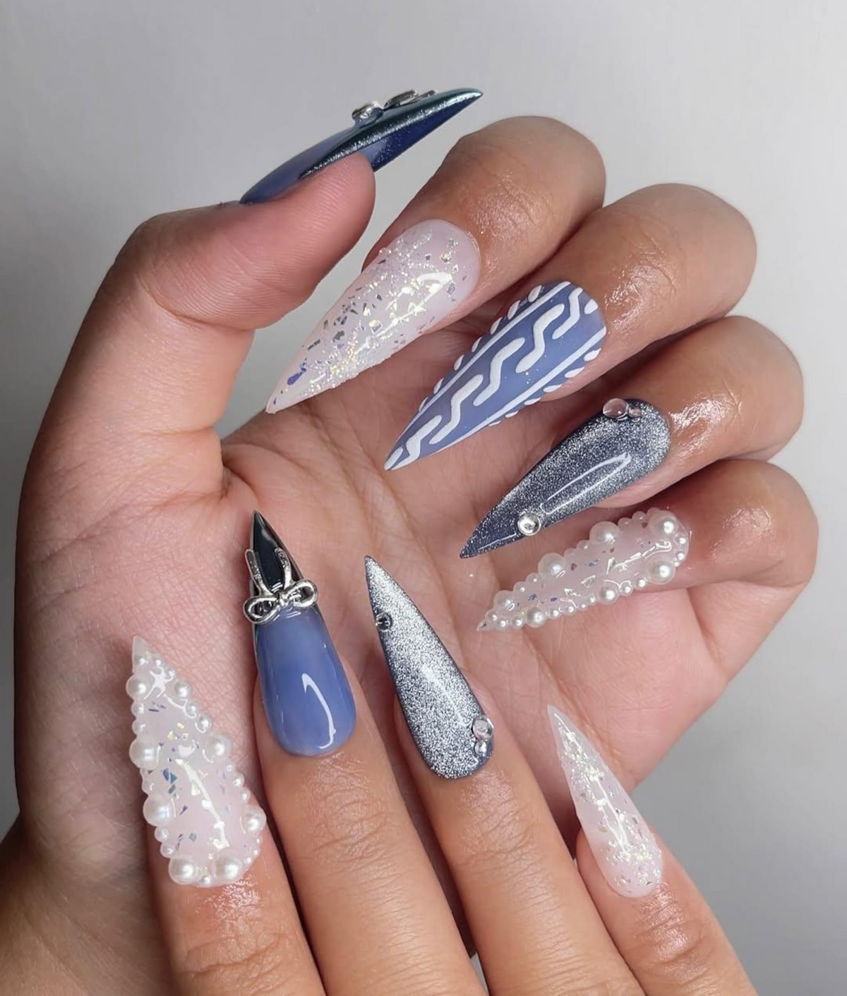 Frosted Winter Elegance Christmas Nails | Icy Blue Chrome Nail Art | Pearl Snowflake Design | Winter Wonderland Nails | Luxury Nail|OB1199HK
