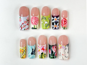 Handmade Vintage Botanical Press On Nails, Japanese Floral Garden Fake Nails, Unique Retro Flower Pattern Nails for Special Events | OB305HK