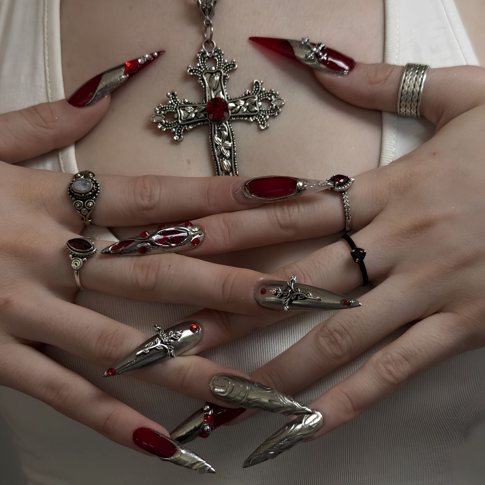 Crimson Relic Silver Ornate Press-On Nails - Aninail