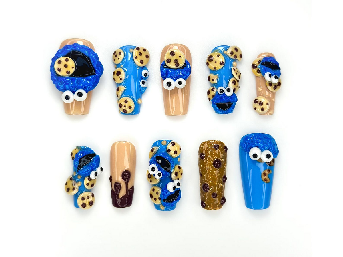 Cookie Monster Press On Nails | 3D Cookie & Monster Nail Art | Funny Blue Cartoon Nail Set | Handmade Pop Culture Nails | OB1048EC