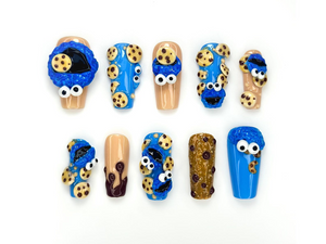 Cookie Monster Press On Nails | 3D Cookie & Monster Nail Art | Funny Blue Cartoon Nail Set | Handmade Pop Culture Nails | OB1048EC