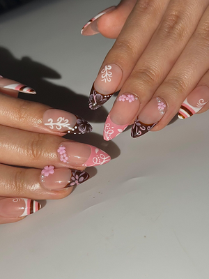 Pink Brown Floral Press On Nails | Cute Pink Nail Art | Sweet Dessert Inspired Nails | 3D Flower Nail Set | Handmade Press Ons | OC1298HK