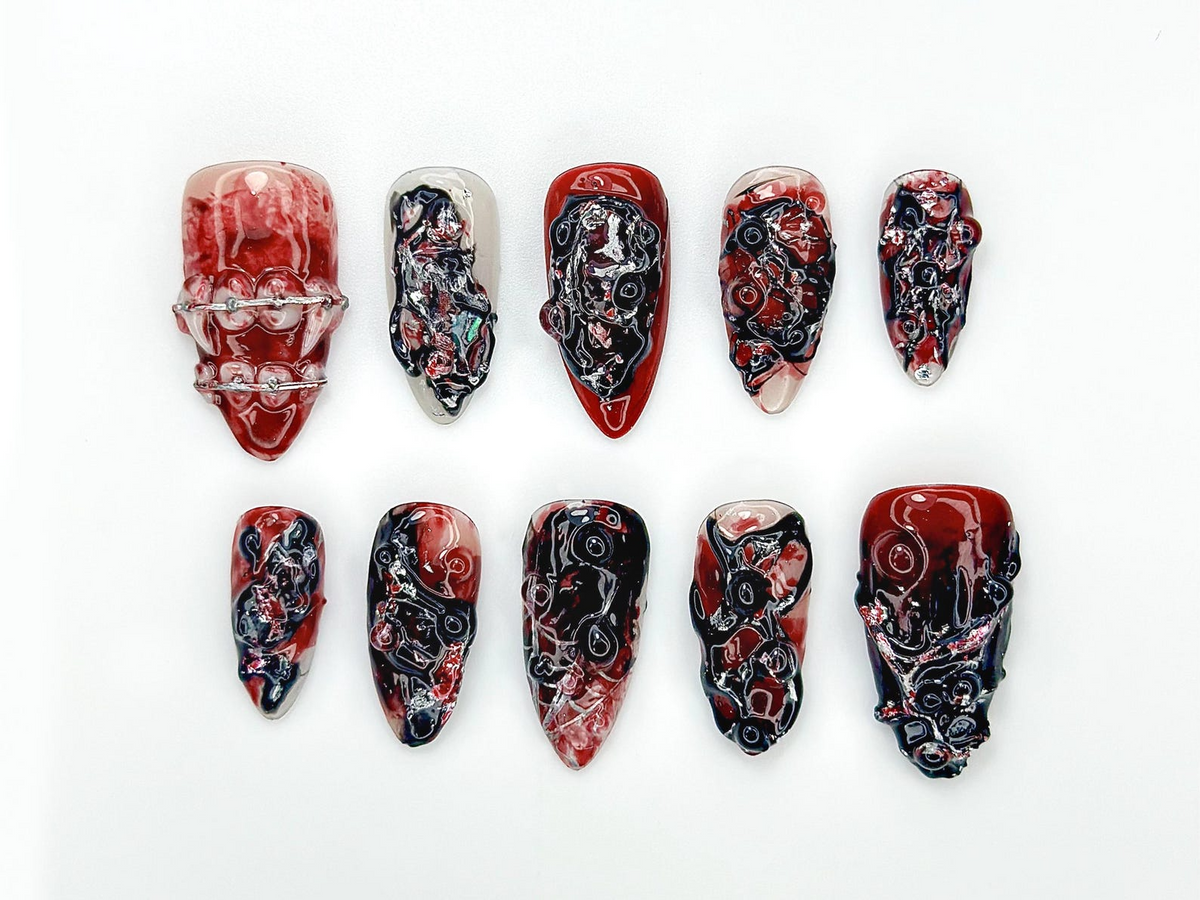 Gothic Blood Veil Press On Nails | 3D Dark Red & Black Texture Nail Art |Horror-Inspired Abstract Nails | Handmade Grunge Press Ons |OB988EC