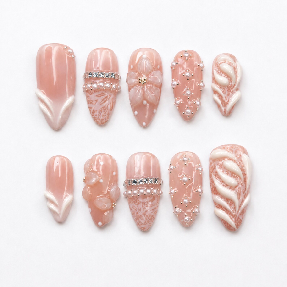 Pink Press On Nails Almond • Bridal Shower Gift Idea • Coquette Pearl Bow 3D Flower Lace Handmade Fake Nails Elegant Style| OB424LK