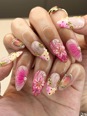 3D Pink Hibiscus & Seashell Nails | Tropical Floral Summer Press Ons | Luxury Gold Studded Mermaid Stiletto Art | Pink Ombre Nails| OB1342IC