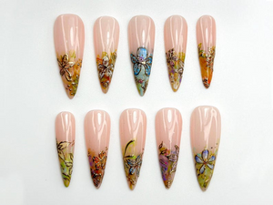 Gold Foil Floral Press On Nails | Vintage Garden Nails | Nude Gradient Floral Nails | Long Press On Nails | Botanical Press Ons | OC773HC