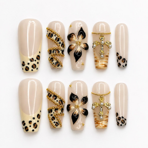 Cheetah Leopard Print Fake Nails • Gold Cross Pearl Charm Coffin Shape • Reusable Glue On Nails • Vacation Party Gift for Her • OB438ZG