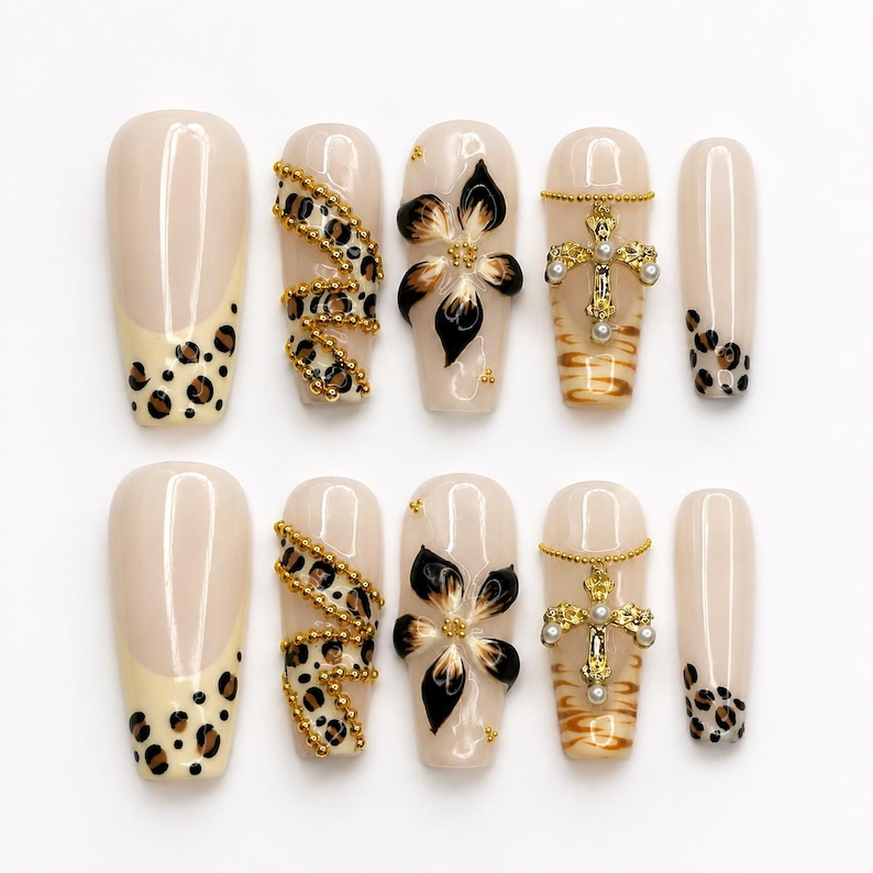 Cheetah Leopard Print Fake Nails • Gold Cross Pearl Charm Coffin Shape • Reusable Glue On Nails • Vacation Party Gift for Her • OB438ZG