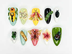 Insect Garden Fantasy Press On Nails | 3D Bug & Butterfly Nail Art | Botanical Nature Nails | Handpainted Cicada Bee Beetle Design | OB922EK