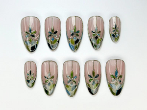 Stained Glass Floral Press On Nails | Neutral Floral Press Ons | Nude & Metallic Fake Nails |Elegant Bridal Nail Art |Wedding Nails |OB778YC