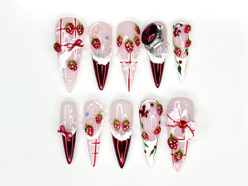 Strawberry  Press On Nails For Christmas  | 3D Strawberry & Whipped Cream Nail Art | Cute Festive Press Ons| Sweet Winter Nail Design| OC226HC