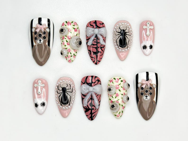 Creepy Cute Teddy Press On Nails | 3D Bear & Bow Nails | Gothic Pastel Floral Nail Art | Soft Horror Pink Press Ons | OB907HC