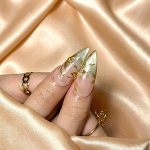 Gold Chrome Press On Nails | Sage Green Metallic Art | Elegant Nude Jelly Nails | Luxury Wedding Guest Prom | Bold Gala Statement | OB1358DG