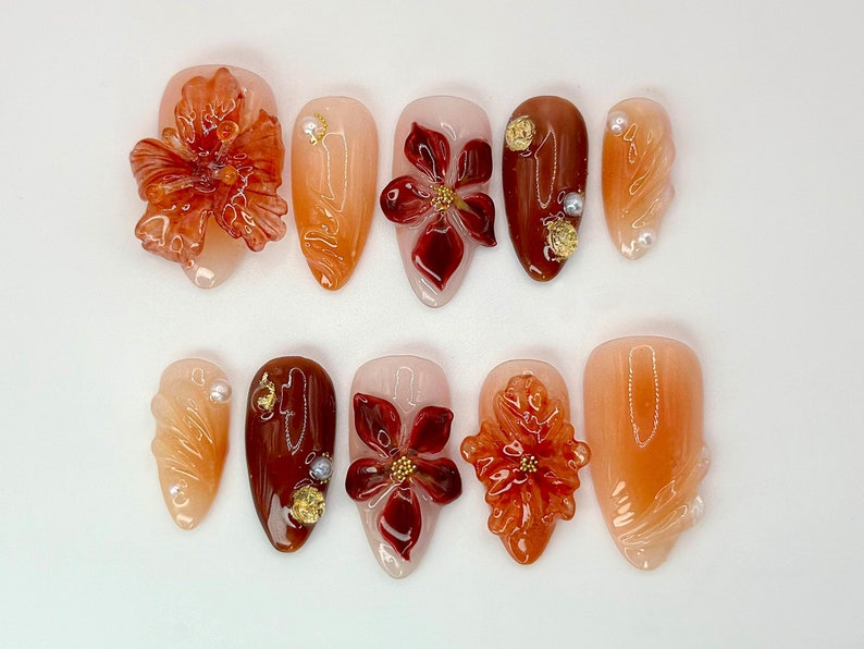 Autumn-Inspired Press On Nails | Warm Tones & Gold Accents | Handcrafted Fall Nail Art Set |3D Floral Nails | Fall Collection|OB544HC