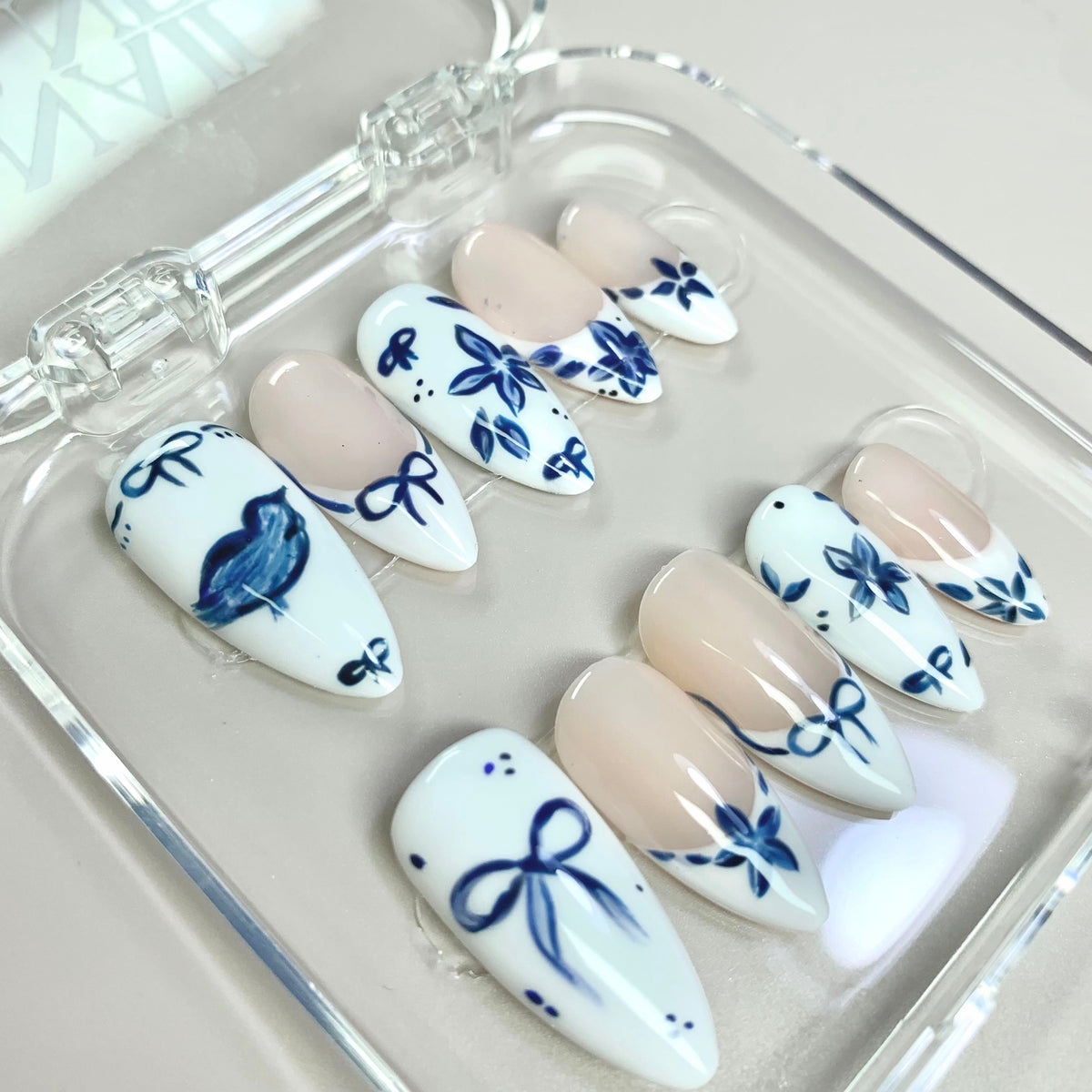 Ceramic Blue Hand-Painted Press-On Nails - Aninail