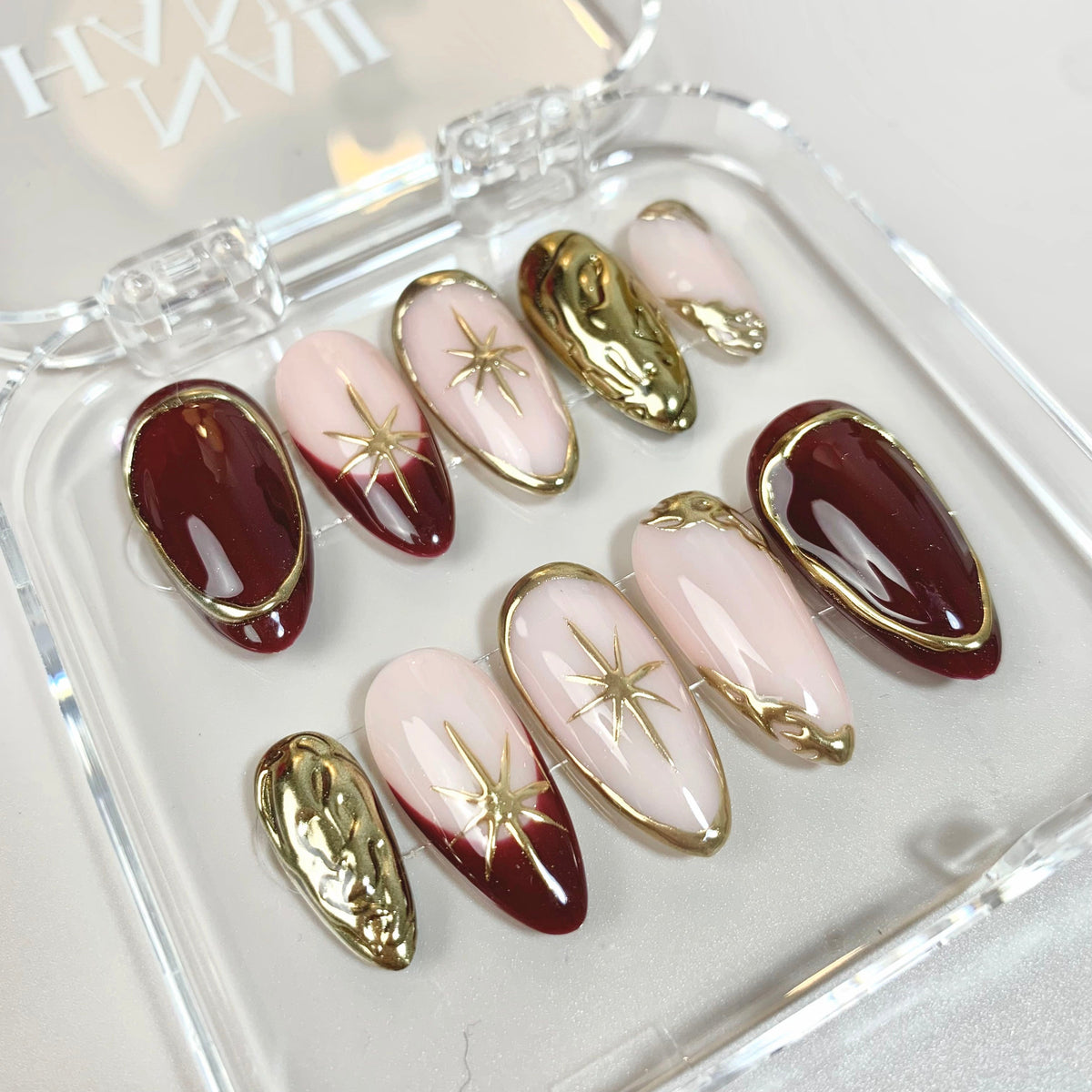 Golden Hour Burgundy & Gold Chrome Press-On Nails - Aninail