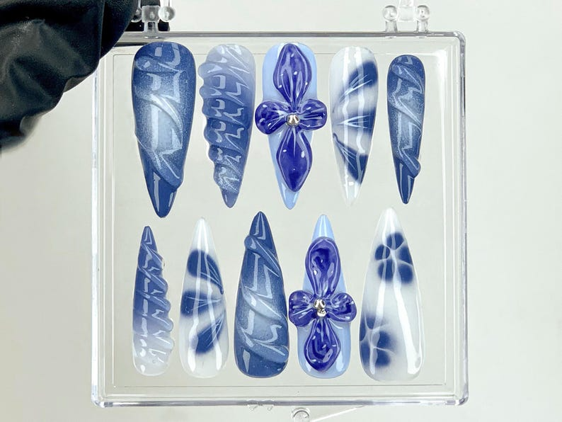 Mystical Midnight Blooms Press On Nails | 3D Floral Fantasy Nail Art | Dreamy Night Garden Acrylic Nails | Hand-Painted 3D Art | OC561YK
