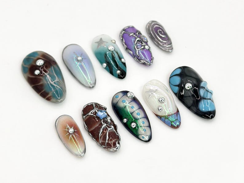 Galaxy-Inspired 3D Press-On Nails | Custom Holographic Nail Art | Stars, Planets & Galaxies Design | Celestial Nail Set | OB656H