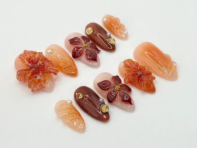 Autumn-Inspired Press On Nails | Warm Tones & Gold Accents | Handcrafted Fall Nail Art Set |3D Floral Nails | Fall Collection|OB544HC