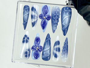 Mystical Midnight Blooms Press On Nails | 3D Floral Fantasy Nail Art | Dreamy Night Garden Acrylic Nails | Hand-Painted 3D Art | OC561YK