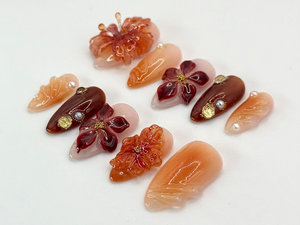 Autumn-Inspired Press On Nails | Warm Tones & Gold Accents | Handcrafted Fall Nail Art Set |3D Floral Nails | Fall Collection|OB544HC