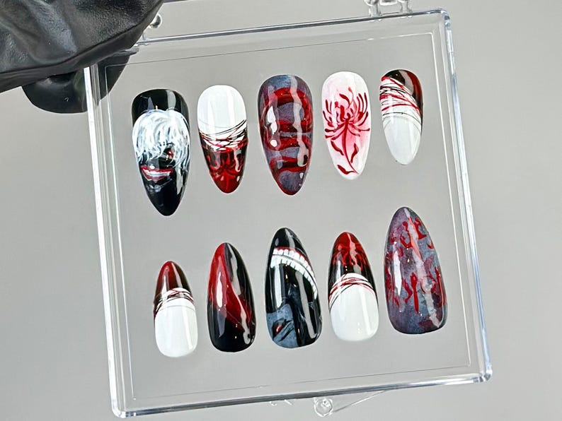 Anime-Inspired Press On Nails | Horror Anime Press Ons | Blood Drip Gothic Fake Nails | Gothic Vampire Nail Art | Custom Nails | OB774YC