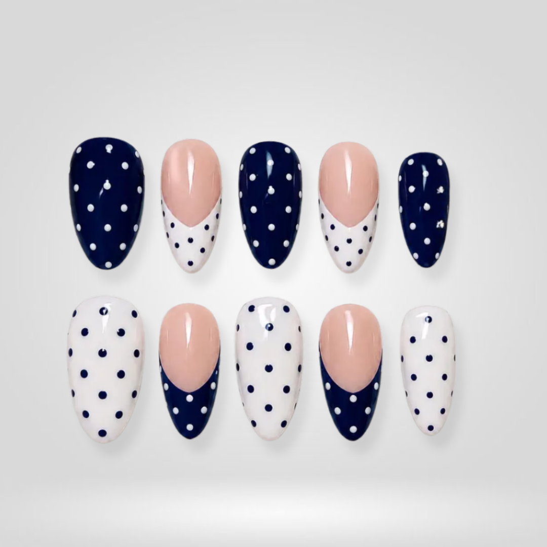 Navy Polka 3D Floral Press-On Nails - Aninail