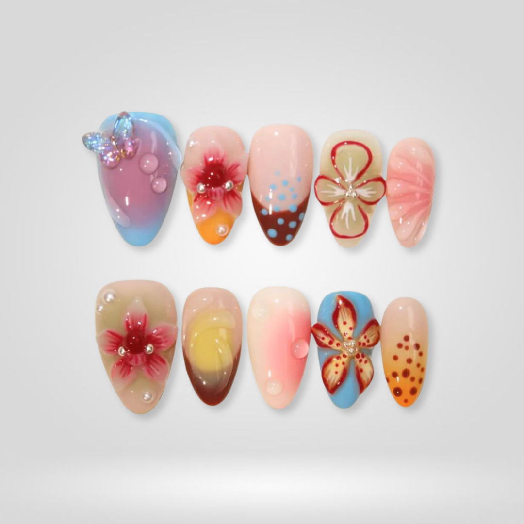 Blush Frame Floral Gold Press-On Nails - Aninail