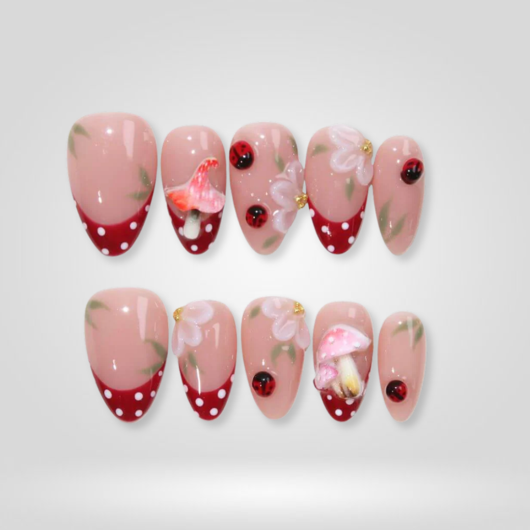 Ladybug Garden Mushroom Red Press-On Nails - Aninail