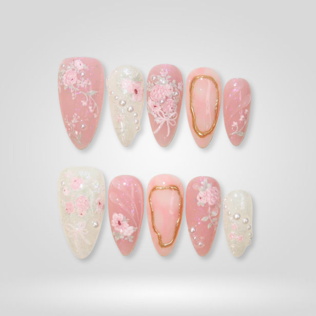 Rosy Lace Pearl Floral Press-On Nails - Aninail