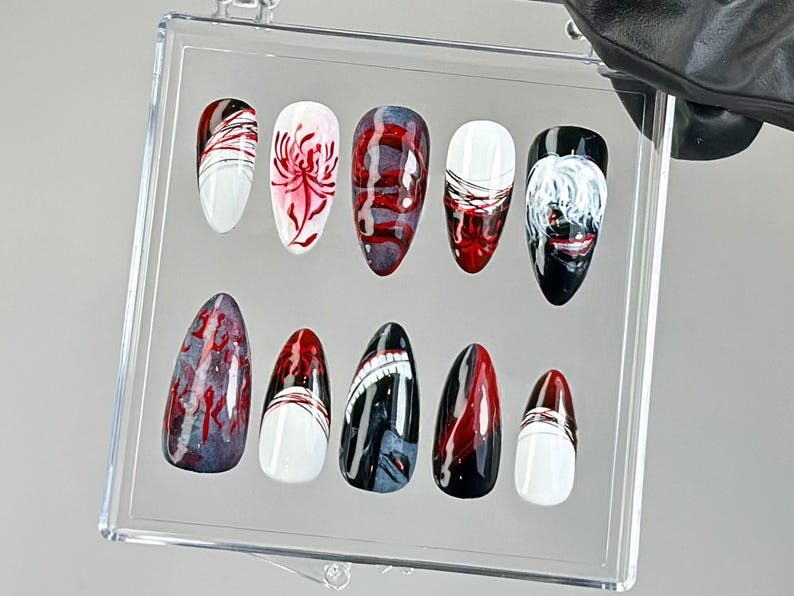 Anime-Inspired Press On Nails | Horror Anime Press Ons | Blood Drip Gothic Fake Nails | Gothic Vampire Nail Art | Custom Nails | OB774YC