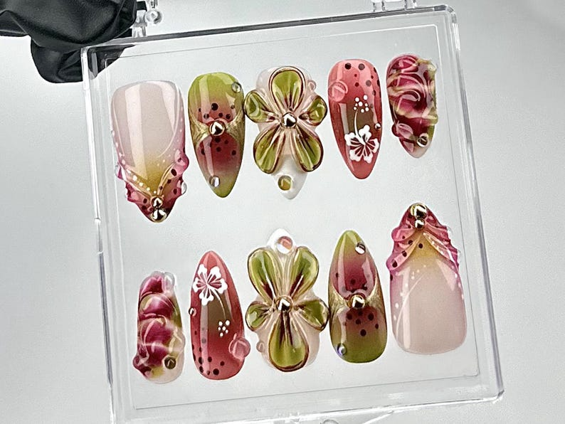 Artistic Floral Press On Nails | Green Floral, Pink Rose Nail Design | 3D Flower & Gradient Fake Nails | Spring Blossom Nails | OB697YC