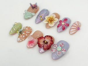 Spring 3D Floral Press On Nails | Handmade Butterflies Nail Art | Elegant & Soft Pastel Nail Design | Handmade Luxury Nails | OC684H