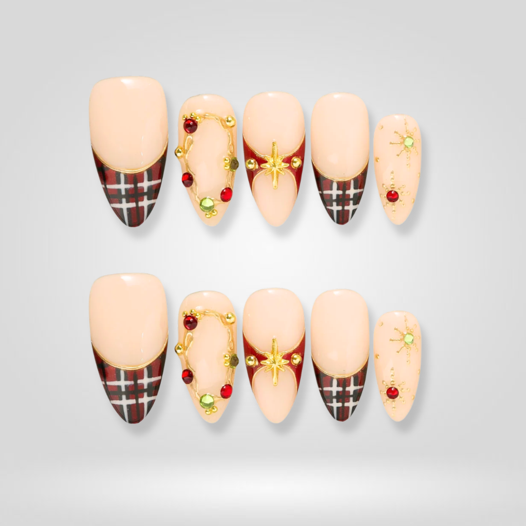 Plaid Star Christmas Press-On Nails - Aninail