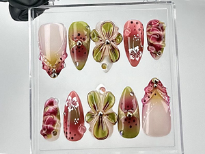 Artistic Floral Press On Nails | Green Floral, Pink Rose Nail Design | 3D Flower & Gradient Fake Nails | Spring Blossom Nails | OB697YC