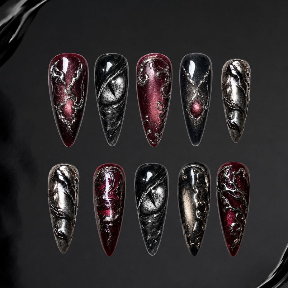 Black Queen 3D Floral Press-On Nails - Aninail