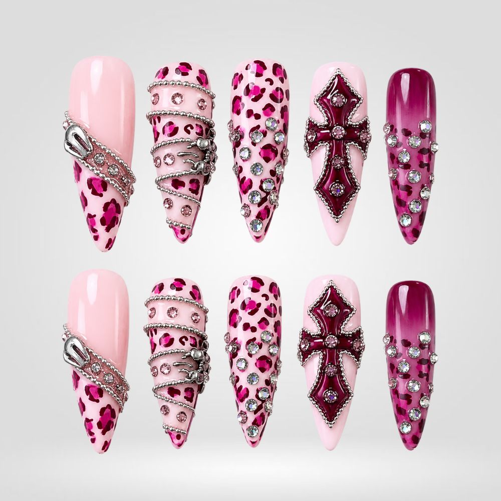 Pink Venom Leopard Rhinestone Press-On Nails - Aninail