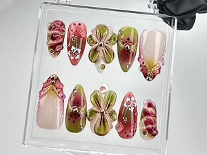 Artistic Floral Press On Nails | Green Floral, Pink Rose Nail Design | 3D Flower & Gradient Fake Nails | Spring Blossom Nails | OB697YC