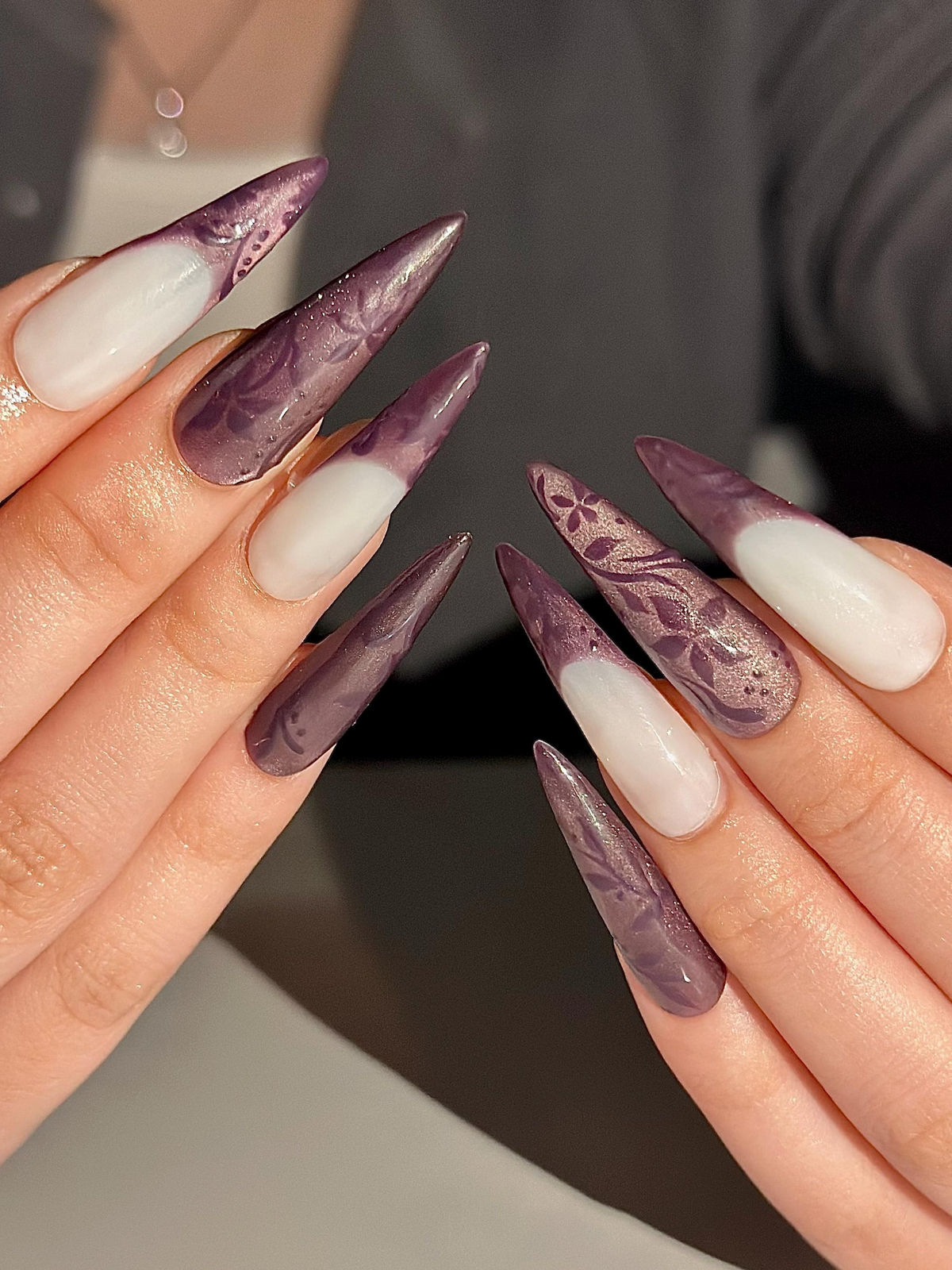 Dark Purple Cat Eye Press On Nails, Mystic Floral French Tip Nails, Ethereal Smoky Velvet Nails, Gothic Luxury Stiletto Fake Nails, OC1292HK