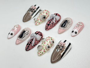 Creepy Cute Teddy Press On Nails | 3D Bear & Bow Nails | Gothic Pastel Floral Nail Art | Soft Horror Pink Press Ons | OB907HC