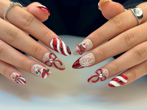 Christmas Candy Cane Press On Nails by DoryNails | Red Chrome Bow & Snowflake Nail Art | Holiday Party Nails | Gift for Her | OB1188BC
