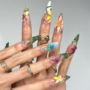 3D Tropical Flower Fairy Press On Nails | Colorful Floral & Green Vine Art | Whimsical Stiletto Design | Summer Festival Wedding | OB90DG