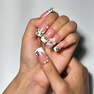Luxury Leopard Press On Nails | Pearl Flower Nude Nail Set | Elegant French Tip Nails | Quiet Luxury Animal Print Nails | OC450J